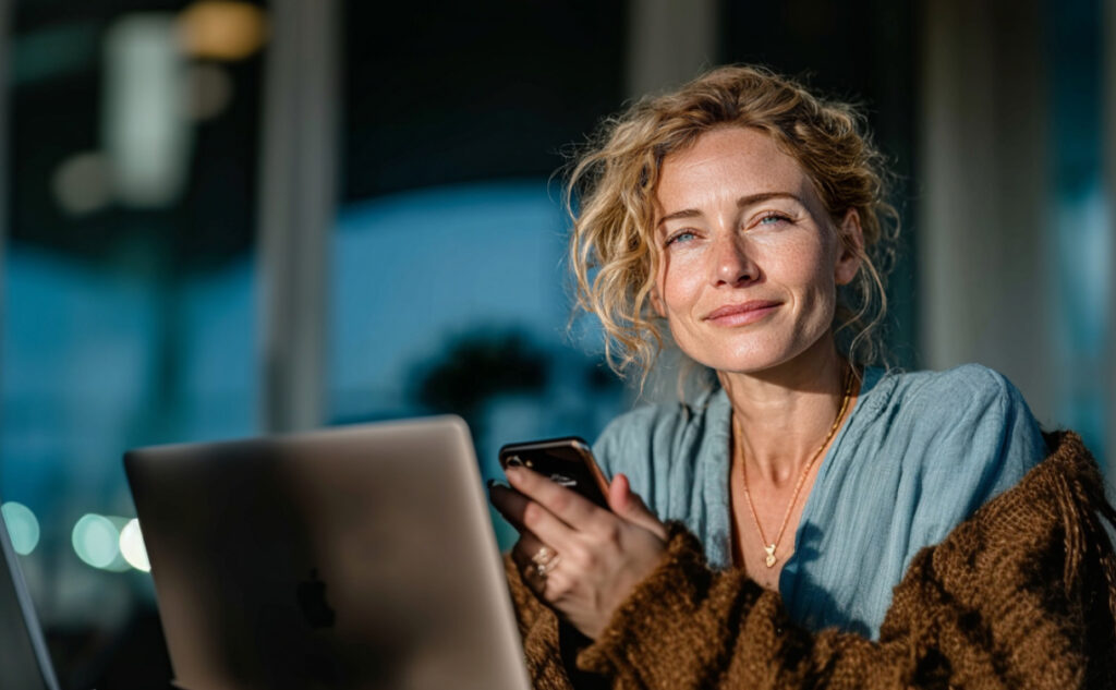 Frau Mitte 40 mit Smartphone und Laptop in hellem Büro – arbeitet digital und organisiert ihre Belege online mit Goerke & Partner