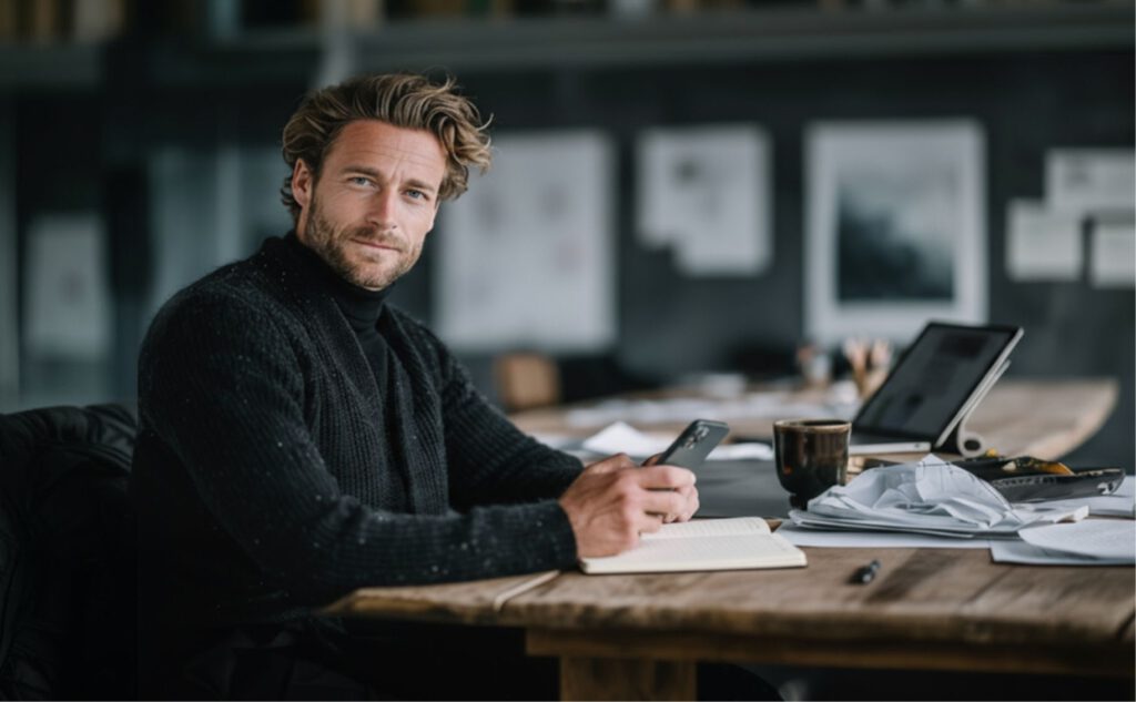Mann Mitte 40 in hellem Büro hält Belege und Smartphone, arbeitet an digitaler Buchhaltung mit Laptop – Goerke & Partner, Berlin