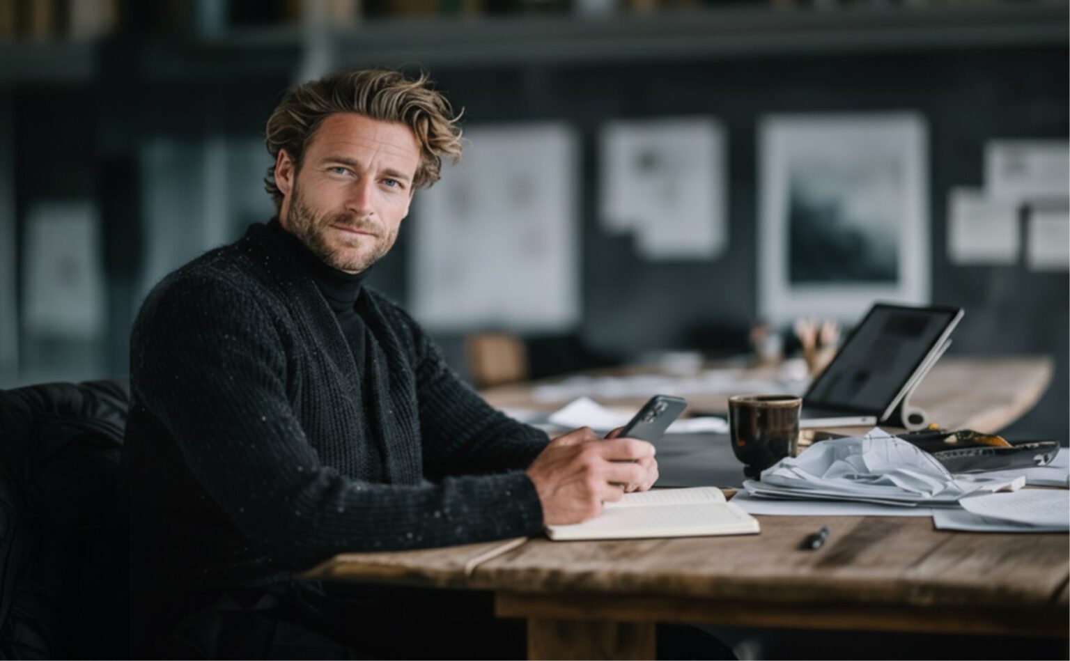 Mann Mitte 40 in hellem Büro hält Belege und Smartphone, arbeitet an digitaler Buchhaltung mit Laptop – Goerke & Partner, Berlin