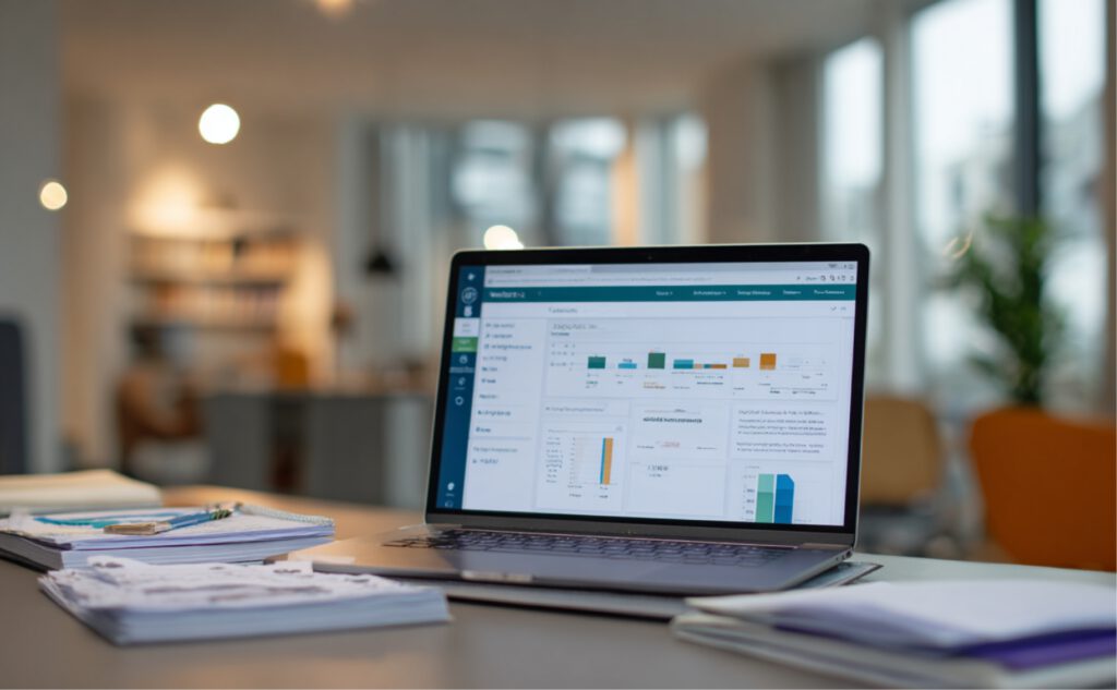 Ein geöffneter Laptop in einem modernen Büro zeigt ein digitales Dashboard zur Betriebsprüfung; daneben liegen geordnete Papierunterlagen – Symbol für strukturierte, digitale Steuerberatung