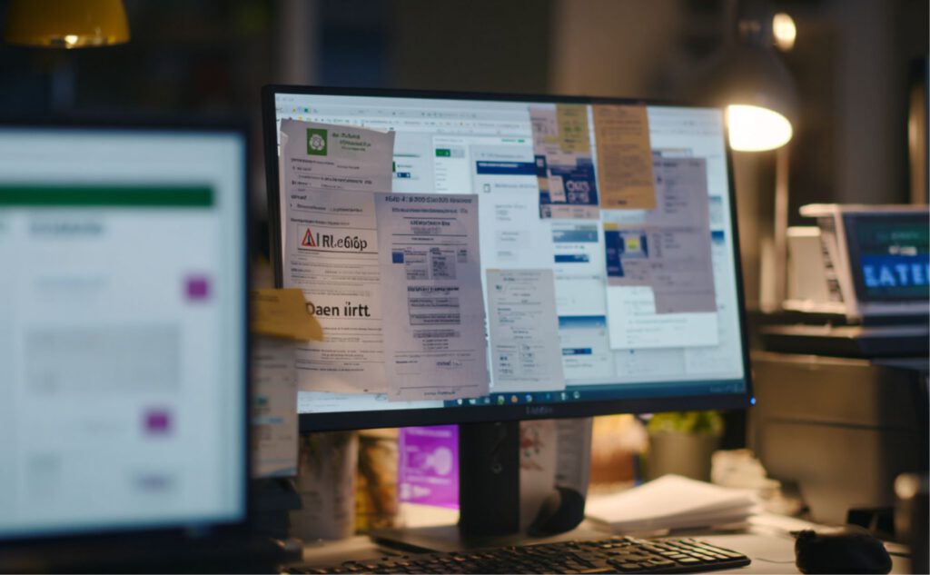 Unübersichtlicher Bildschirm mit überlappenden digitalen Belegen, E-Mail-Anhängen und offenen Tabs, die das Chaos schlecht organisierter digitaler Buchhaltung darstellen.