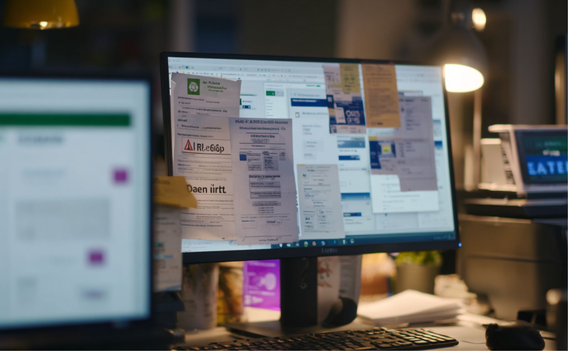 Unübersichtlicher Bildschirm mit überlappenden digitalen Belegen, E-Mail-Anhängen und offenen Tabs, die das Chaos schlecht organisierter digitaler Buchhaltung darstellen.