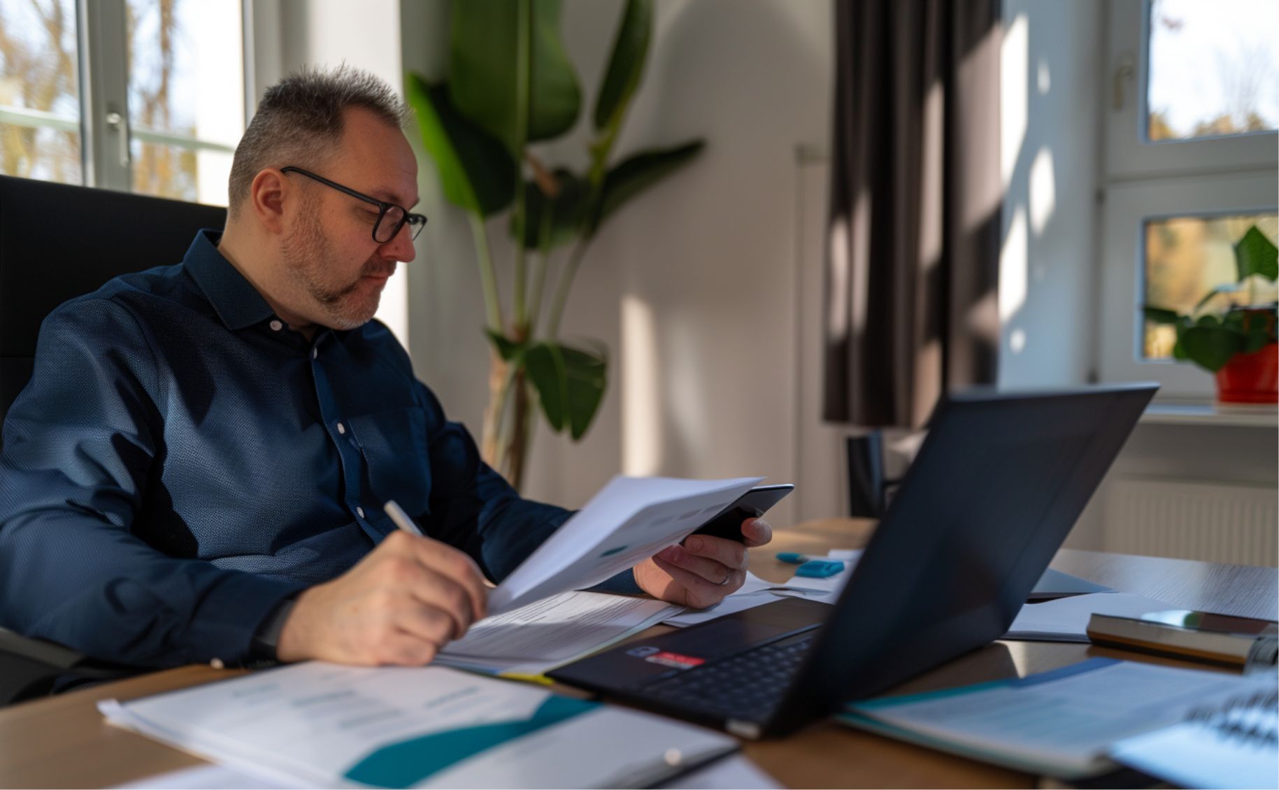 Geschäftsmann erfasst digitale Belege mit Smartphone und Laptop im modernen Steuerbüro von Goerke & Partner in Berlin