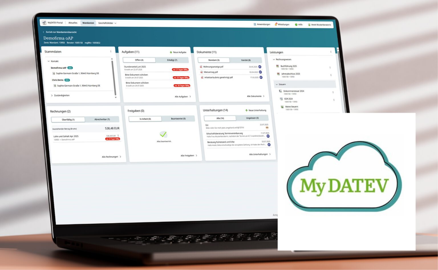 Screenshot von MyDATEV mit Ansicht der Kommunikationsfunktionen: Dokumentenupload, Aufgabenübersicht und Nachrichtensystem