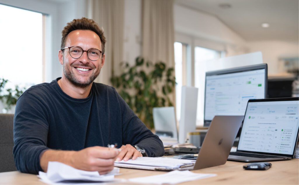 Unternehmerin am Schreibtisch mit Laptop und digitalen Belegen für die Steuerberatung digitaler Unternehmen bei Goerke & Partner Berlin.