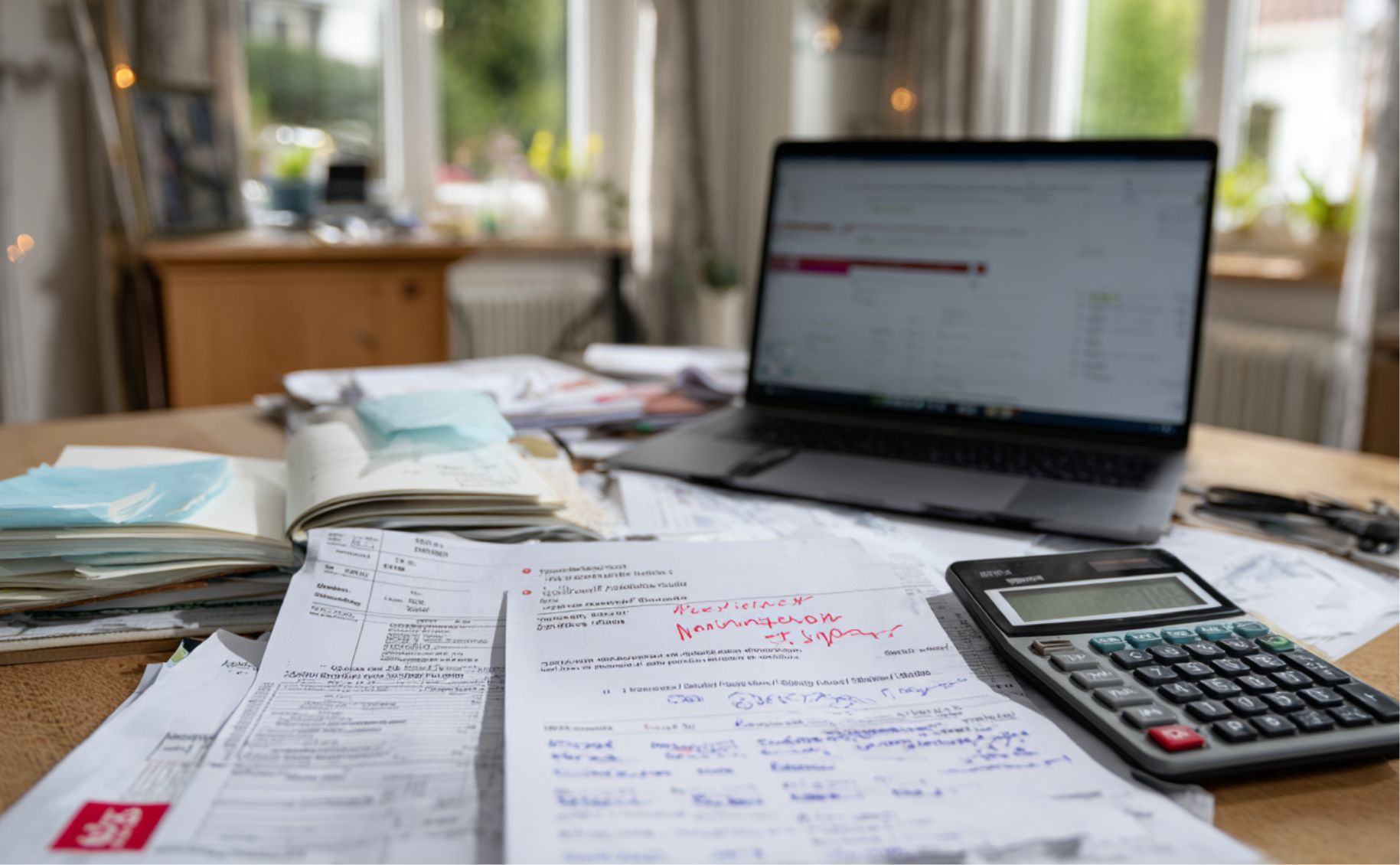 Chaotischer Schreibtisch mit Steuerunterlagen, Notizen, Taschenrechner und Laptop – typische Fehler von Selbstständigen sichtbar