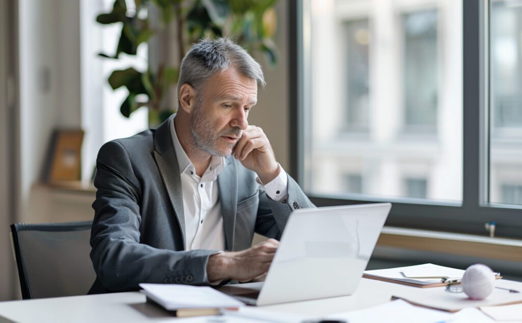Unternehmer prüft E-Rechnung auf Laptop und wirkt unsicher bei Umstellung auf digitale Rechnungen