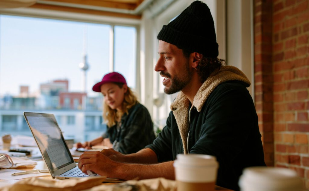 Berliner Gründer prüft Finanz-Dashboard auf Laptop in einem hellen Coworking-Space in Berlin Mitte