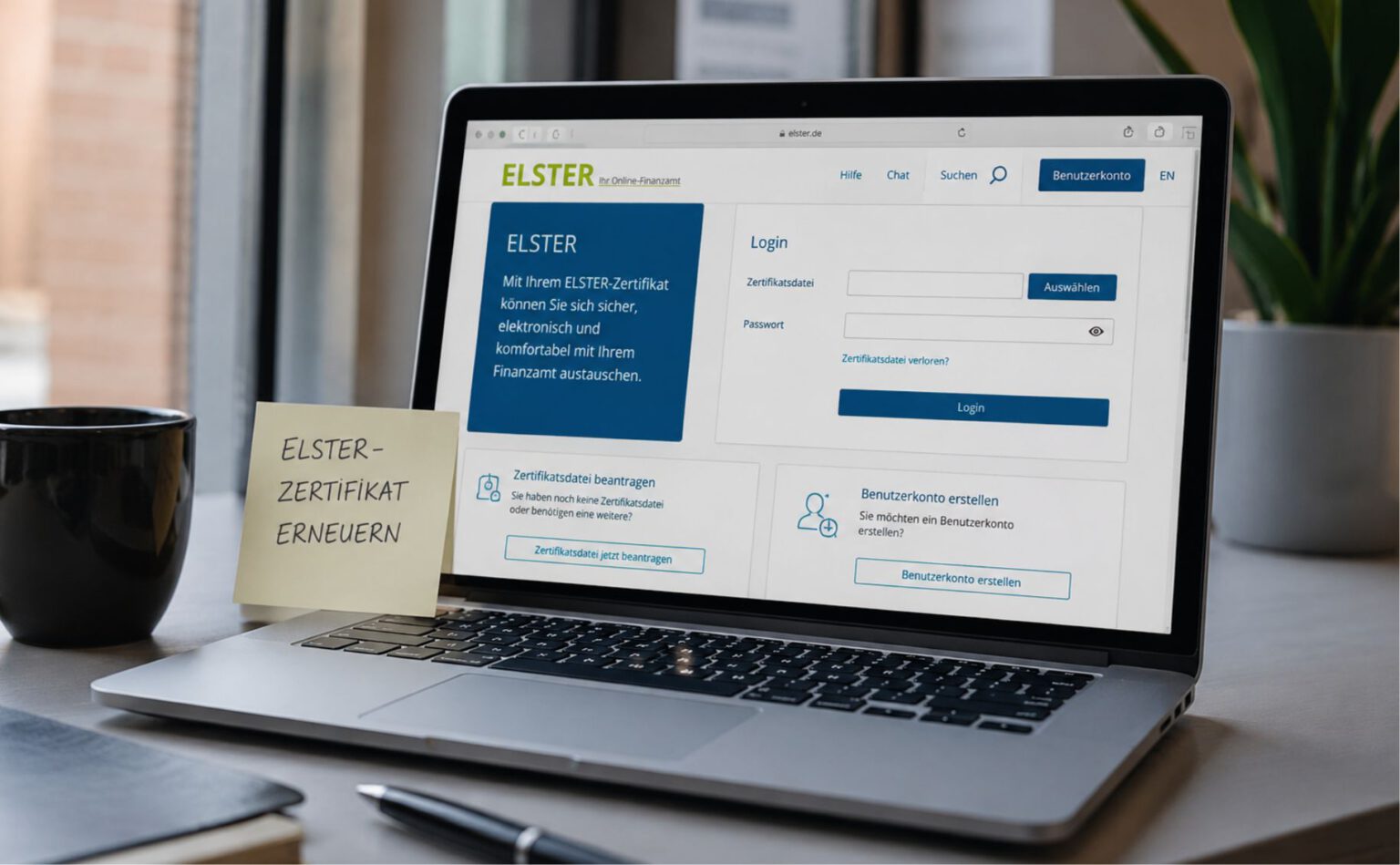 Laptop mit geöffneter ELSTER-Anmeldeseite, daneben ein Notizblock mit Hinweis auf das Ablaufdatum des Zertifikats