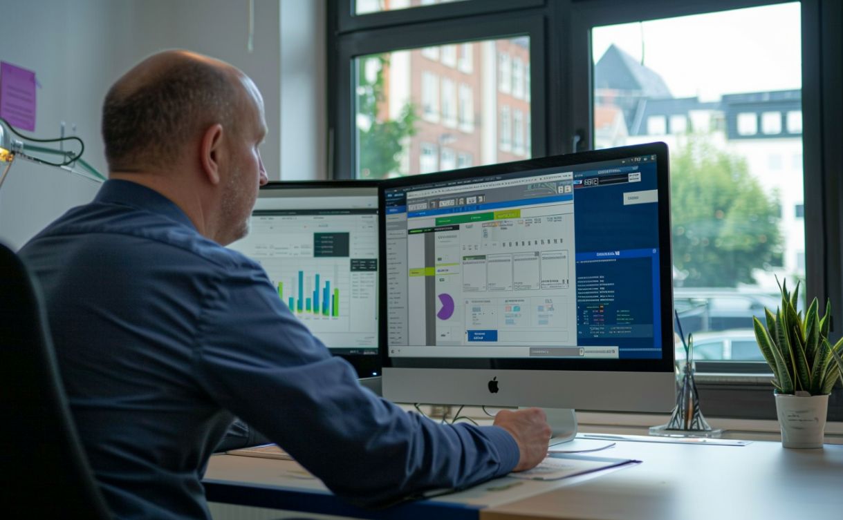 Lohnbuchhalterin prüft eine digitale Gehaltsabrechnung auf zwei Monitoren in einem modernen Büro in Berlin Mitte, DATEV-Auswertung auf dem Bildschirm