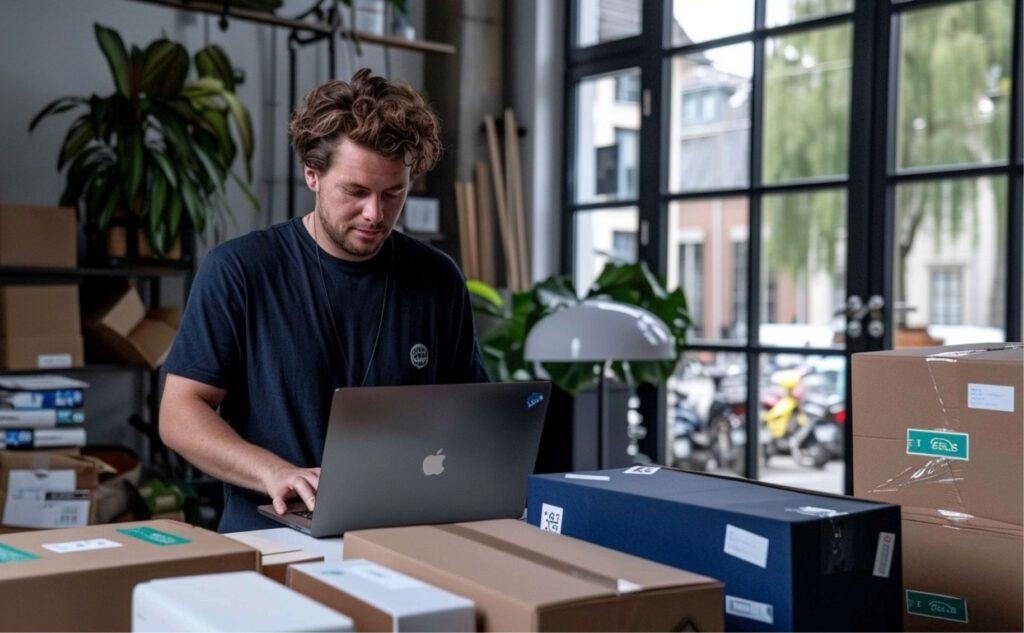 Online-Shop-Betreiber in Berliner Lager prüft Bestellungen und Shop-Dashboard auf Laptop neben Versandkartons